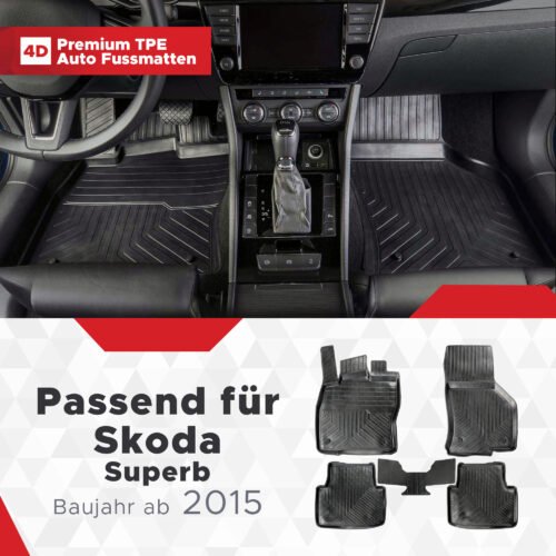 4D Premium Gummi Auto Fussmatten Set Passend für Skoda Superb Baujahr ab 2015